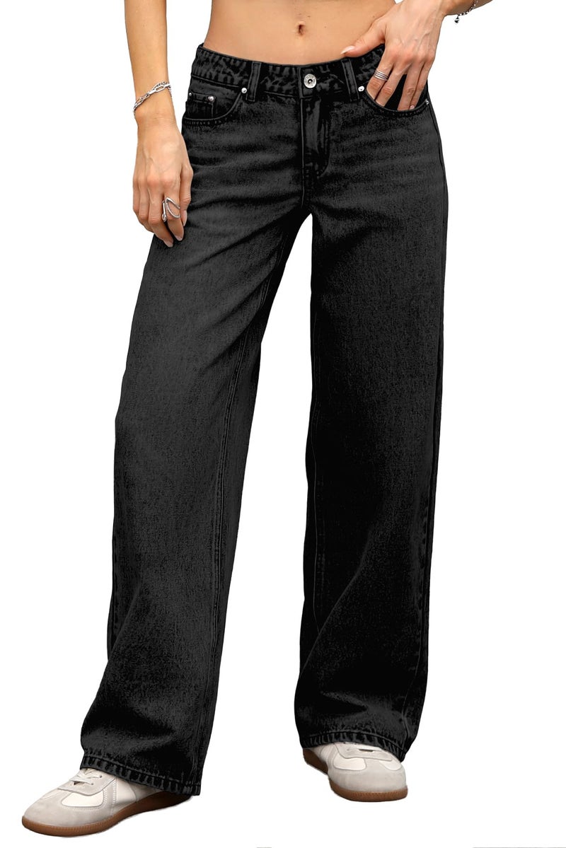 ELLEVEN Low Rise Baggy Jeans for Women Trendy Stretchy Y2K Wide Leg Jeans Boyfriend Straight Leg Denim Pants Black Denim 2 - Image 1