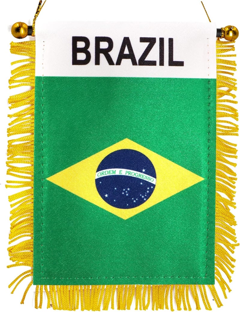 Anley 4 X 6 Inch Brazil Fringy Window Hanging Flag - Mini Flag Banner & Car Rearview Mirror Décor - Fringed & Double Sided - Brazilian Hanging Flag with Suction Cup - Image 1