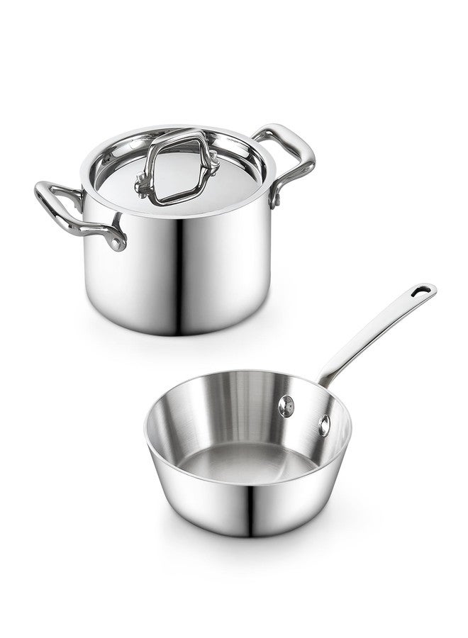 Cooks Standard Multi-Ply Clad Stainless Steel Butter Warmer Set, Mini Cookware Duo Set, Stainless Steel Butter Melting Pots, Fry Pan 4.7 Inch & Casserole 0.68 Qt, Mini Pot and Pan, 3 Pieces, Silver - Image 1