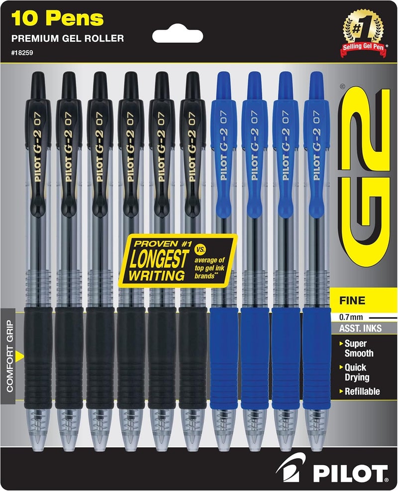PILOT G2 Premium Refillable & Retractable Rolling Ball Gel Pens, 0.7mm Fine Point, 6 Black and 4 Blue Pens (Pack of 1, 10 Count Total) - Image 1