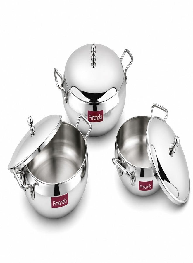 Amanda Premium Stainless Steel Handi Set with Lid – 3 Pc Set (550ML, 950ML, 1550ML) – Multipurpose Serve Set for Dining Table | Rust-Resistant, Dishwasher Safe | Elegant & Durable Cookware Set - Image 1