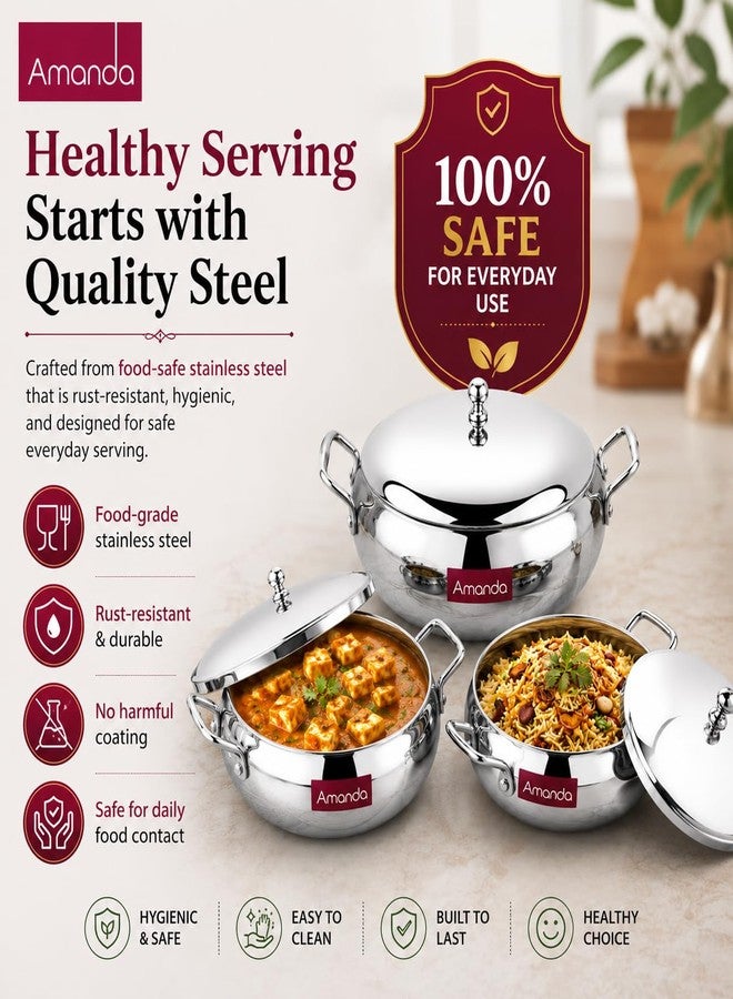 Amanda Premium Stainless Steel Handi Set with Lid – 3 Pc Set (550ML, 950ML, 1550ML) – Multipurpose Serve Set for Dining Table | Rust-Resistant, Dishwasher Safe | Elegant & Durable Cookware Set - Image 2