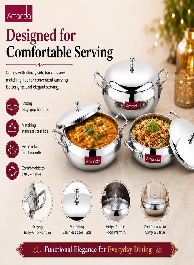 Amanda Premium Stainless Steel Handi Set with Lid – 3 Pc Set (550ML, 950ML, 1550ML) – Multipurpose Serve Set for Dining Table | Rust-Resistant, Dishwasher Safe | Elegant & Durable Cookware Set - Image 4