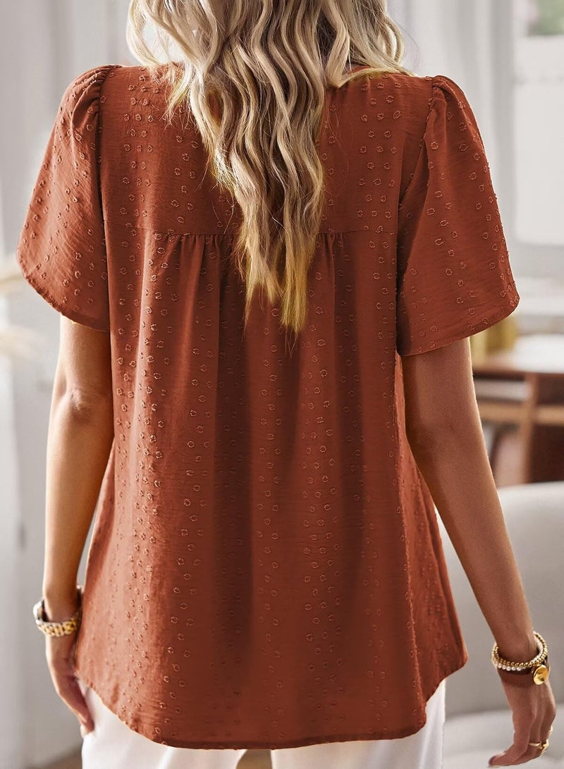 Falechay Tunic Tops to Wear with Leggings Bohemian Women's Tunic Tops Lace Crochet Orange Shirts for Women Crew Neck Short Sleeve Women's Blouses L - Image 3