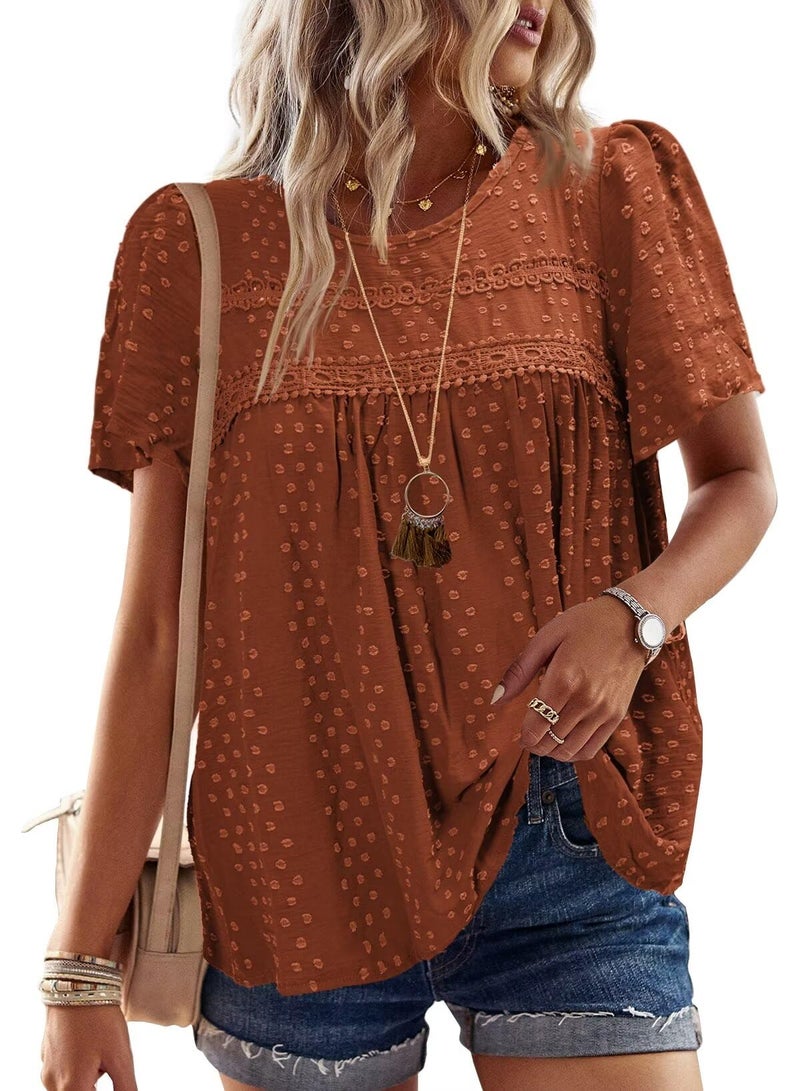 Falechay Tunic Tops to Wear with Leggings Bohemian Women's Tunic Tops Lace Crochet Orange Shirts for Women Crew Neck Short Sleeve Women's Blouses L - Image 1