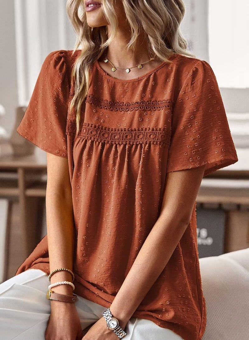 Falechay Tunic Tops to Wear with Leggings Bohemian Women's Tunic Tops Lace Crochet Orange Shirts for Women Crew Neck Short Sleeve Women's Blouses L - Image 2