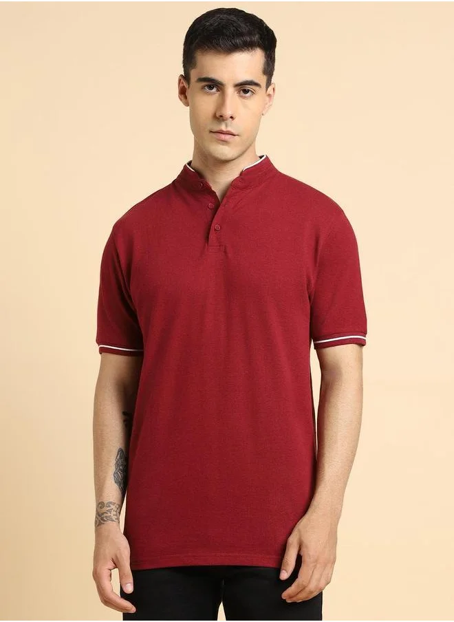 دينيس لينغو Maroon Solid Regular Fit Henley Neck T-shirt for Men - 100% Cotton, Half Sleeves, Casual