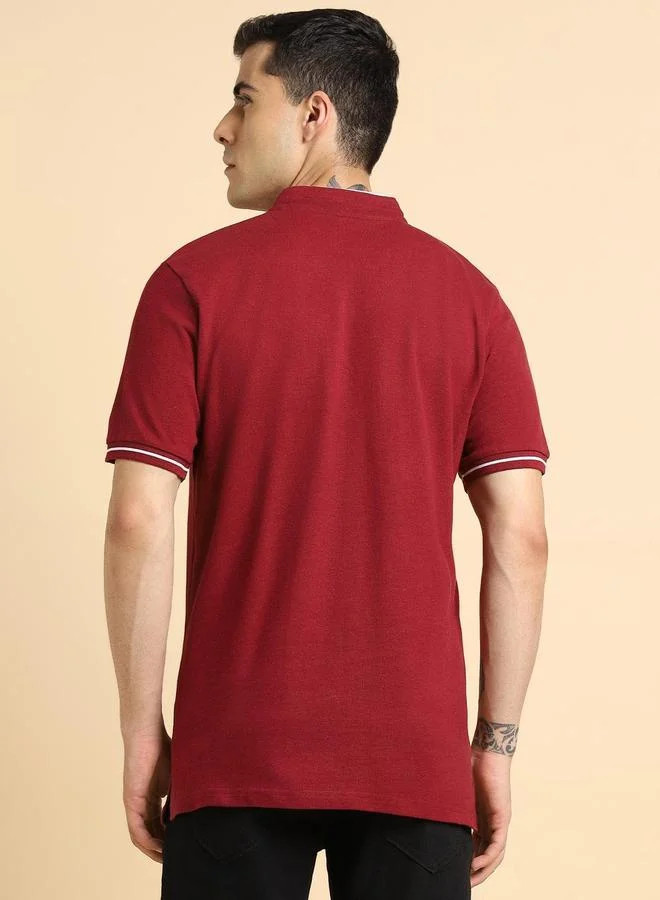 Dennis Lingo Maroon Solid Regular Fit Henley Neck T-shirt for Men - 100% Cotton, Half Sleeves, Casual