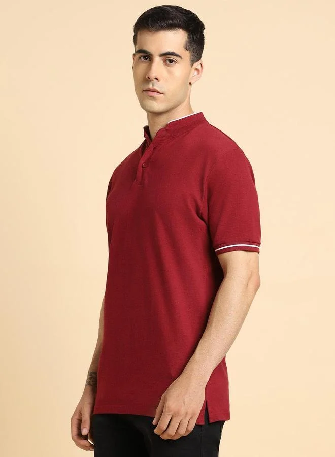 Dennis Lingo Maroon Solid Regular Fit Henley Neck T-shirt for Men - 100% Cotton, Half Sleeves, Casual