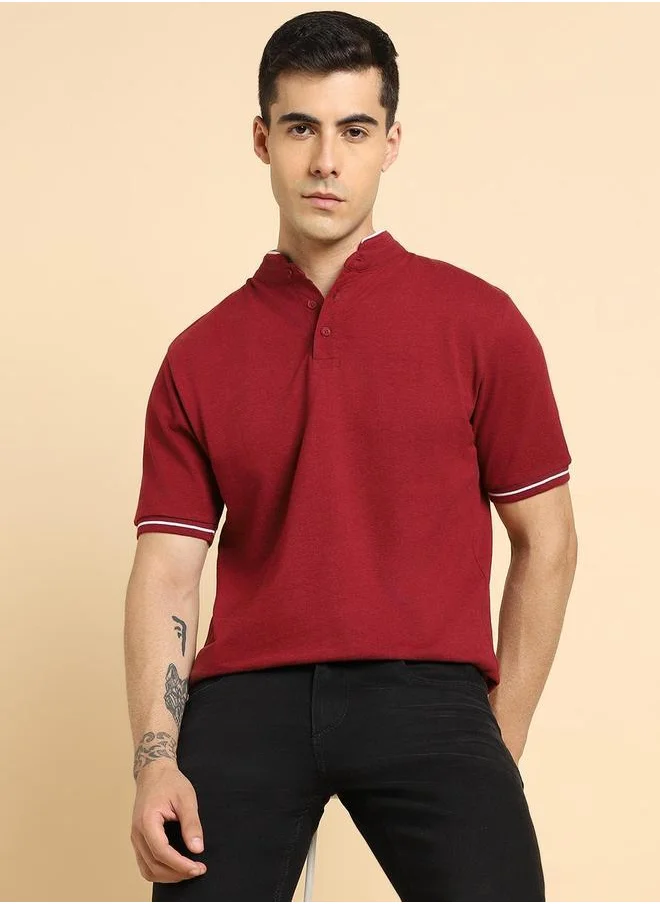 Dennis Lingo Maroon Solid Regular Fit Henley Neck T-shirt for Men - 100% Cotton, Half Sleeves, Casual