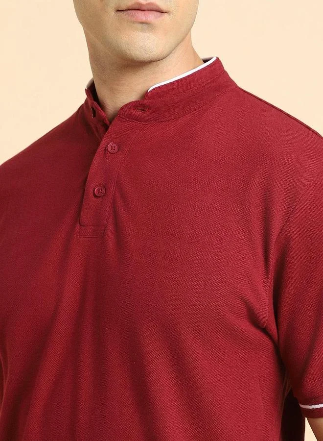 Dennis Lingo Maroon Solid Regular Fit Henley Neck T-shirt for Men - 100% Cotton, Half Sleeves, Casual