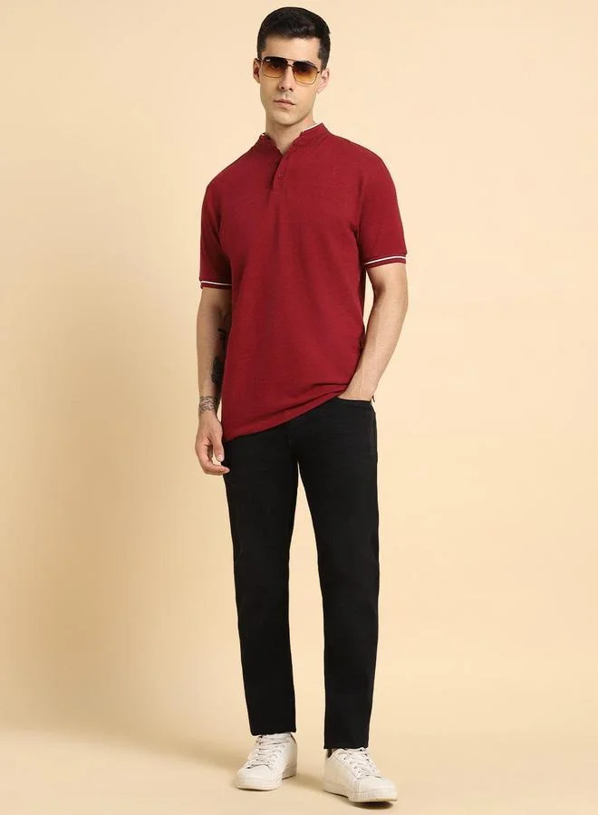 Dennis Lingo Maroon Solid Regular Fit Henley Neck T-shirt for Men - 100% Cotton, Half Sleeves, Casual