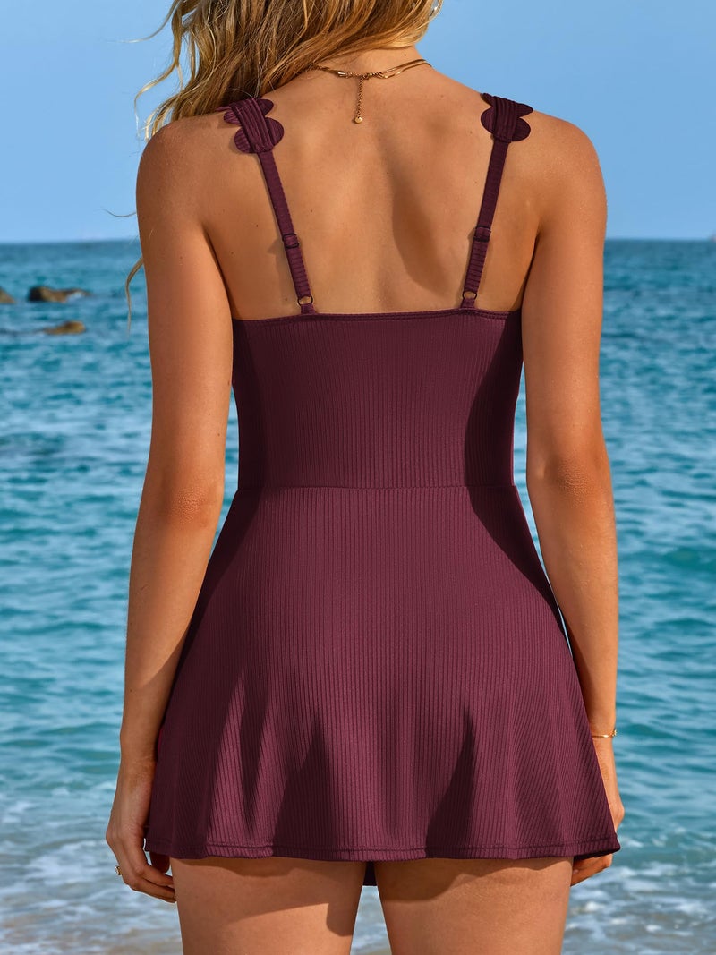 Charmo Modest Swimsuits for Women One Piece Tummy Control Swim Dress Scalloped Square Neck Bathing Suit Swimwear 2025 Burgundy L - Image 3