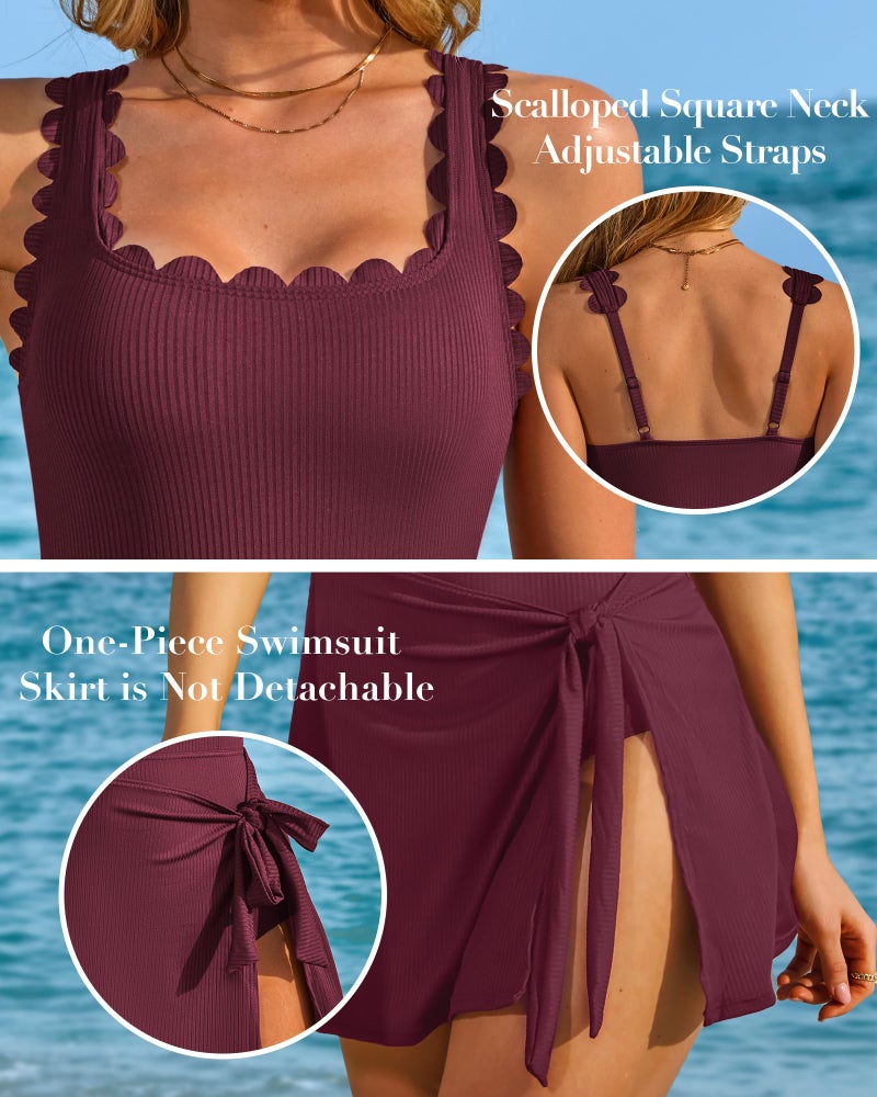 Charmo Modest Swimsuits for Women One Piece Tummy Control Swim Dress Scalloped Square Neck Bathing Suit Swimwear 2025 Burgundy L - Image 4