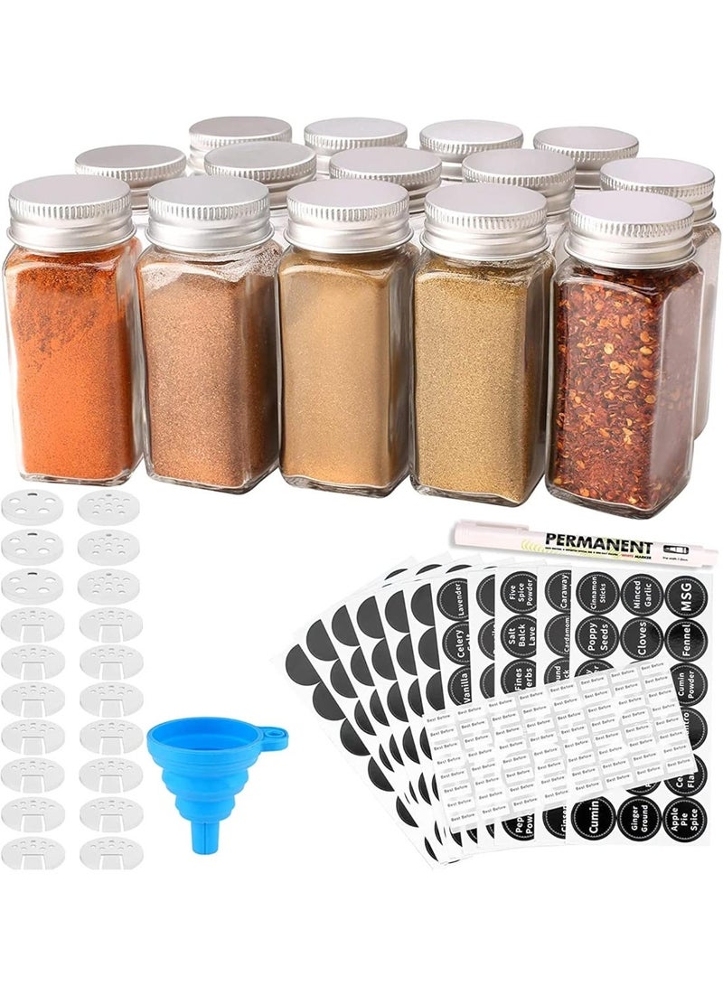 Dunekart 14-Piece Glass Spice Jar Set with Labels – 4oz Square Empty Spice Bottles with 3 Shaker Lids and Airtight Metal Caps | Includes White Paint Pen and Silicone Collapsible Funnel - Image 2