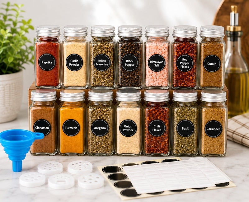 Dunekart 14-Piece Glass Spice Jar Set with Labels – 4oz Square Empty Spice Bottles with 3 Shaker Lids and Airtight Metal Caps | Includes White Paint Pen and Silicone Collapsible Funnel - Image 1