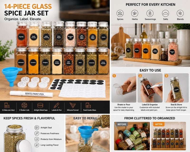Dunekart 14-Piece Glass Spice Jar Set with Labels – 4oz Square Empty Spice Bottles with 3 Shaker Lids and Airtight Metal Caps | Includes White Paint Pen and Silicone Collapsible Funnel - Image 3