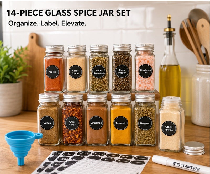 Dunekart 14-Piece Glass Spice Jar Set with Labels – 4oz Square Empty Spice Bottles with 3 Shaker Lids and Airtight Metal Caps | Includes White Paint Pen and Silicone Collapsible Funnel - Image 4
