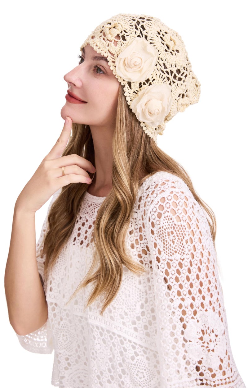 ZLYC Women Cotton Crochet Slouchy Beanie Hat Handmade Knit Summer Skull Cap, Decorative Flowers Beige - Image 4