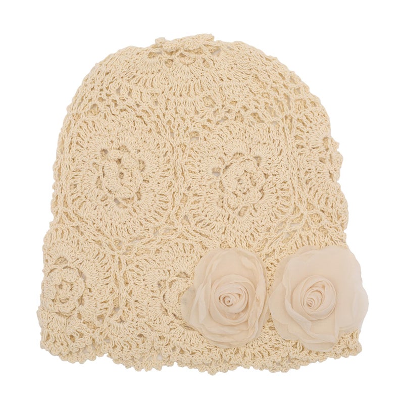 ZLYC Women Cotton Crochet Slouchy Beanie Hat Handmade Knit Summer Skull Cap, Decorative Flowers Beige - Image 5