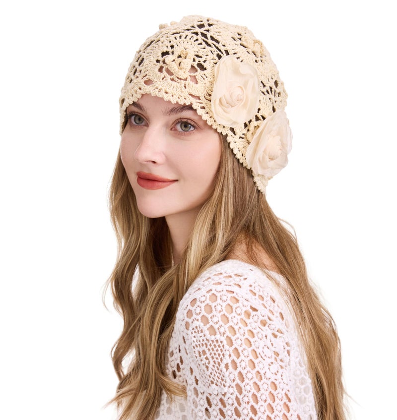 ZLYC Women Cotton Crochet Slouchy Beanie Hat Handmade Knit Summer Skull Cap, Decorative Flowers Beige - Image 2