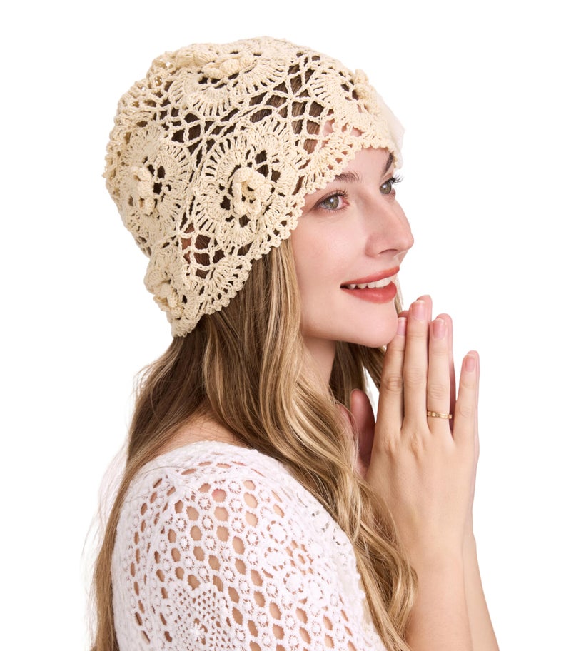 ZLYC Women Cotton Crochet Slouchy Beanie Hat Handmade Knit Summer Skull Cap, Decorative Flowers Beige - Image 3