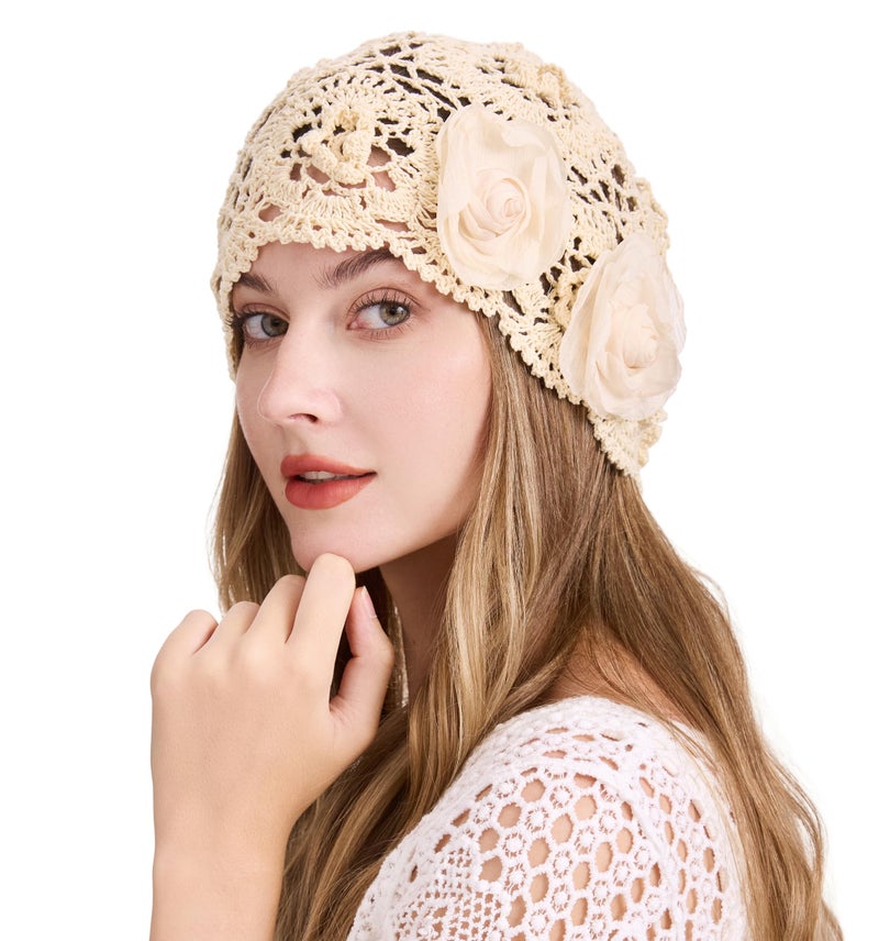ZLYC Women Cotton Crochet Slouchy Beanie Hat Handmade Knit Summer Skull Cap, Decorative Flowers Beige - Image 1