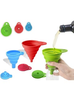 Silicone Collapsible Funnel Set Of 3 Flexible Foldable & Portable Kitchen Gadget Large Medium and Small – Green Red Blue