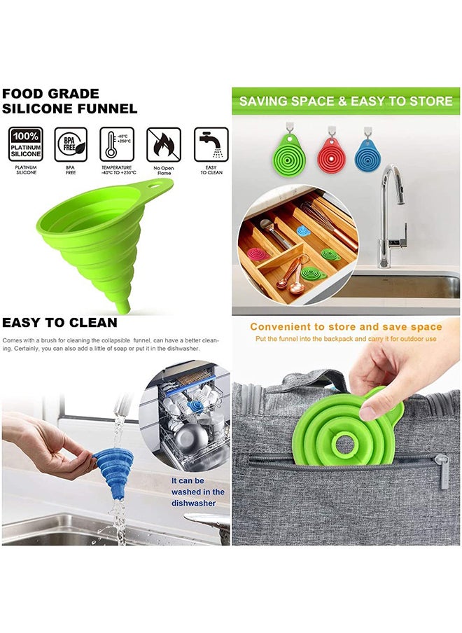 O Ozone - Silicone Collapsible Funnel Set Of 3 Flexible Foldable & Portable Kitchen Gadget Large Medium and Small – Green Red Blue - Image 1