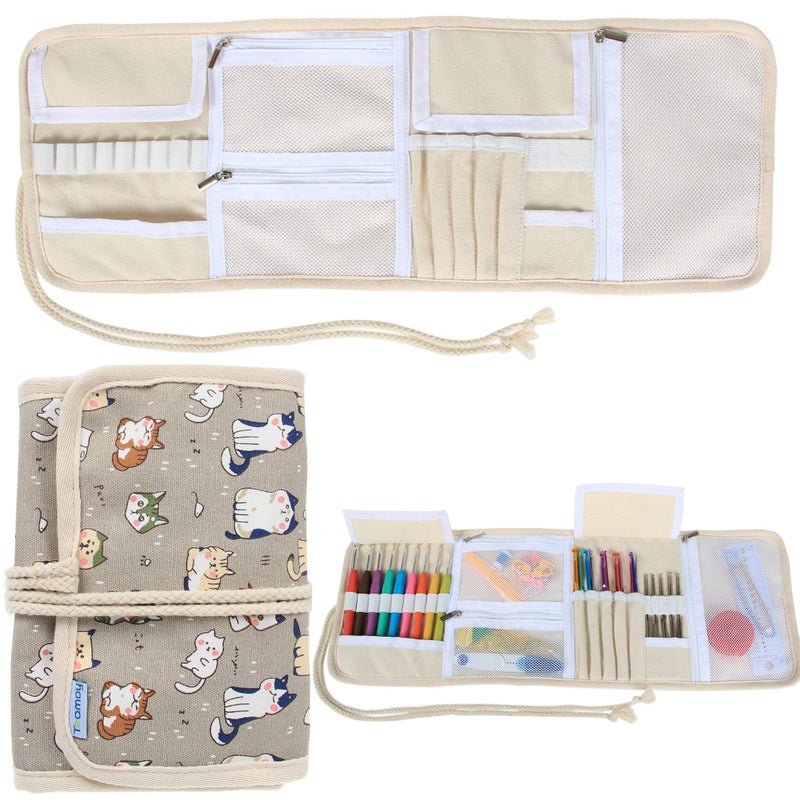 Teamoy Crochet Hook Case Roll Bag Holder Organizer for Various Crochet Needles and Knitting Accessories Cartoon Cats