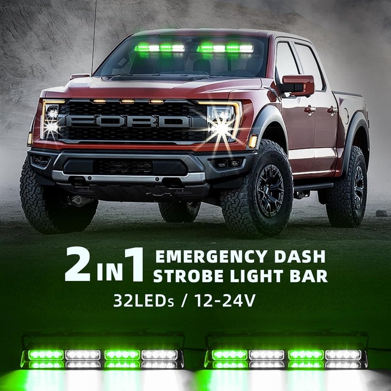 PKINGLAKE 2 in 1 LED Emergency Dash Strobe Light Bar Front/Rear Windshield Safety Flashing Warning Hazard Interior Lights for Police Firefighter Construction Vehicles Trucks (2x14 inch, White/Green) - Image 2