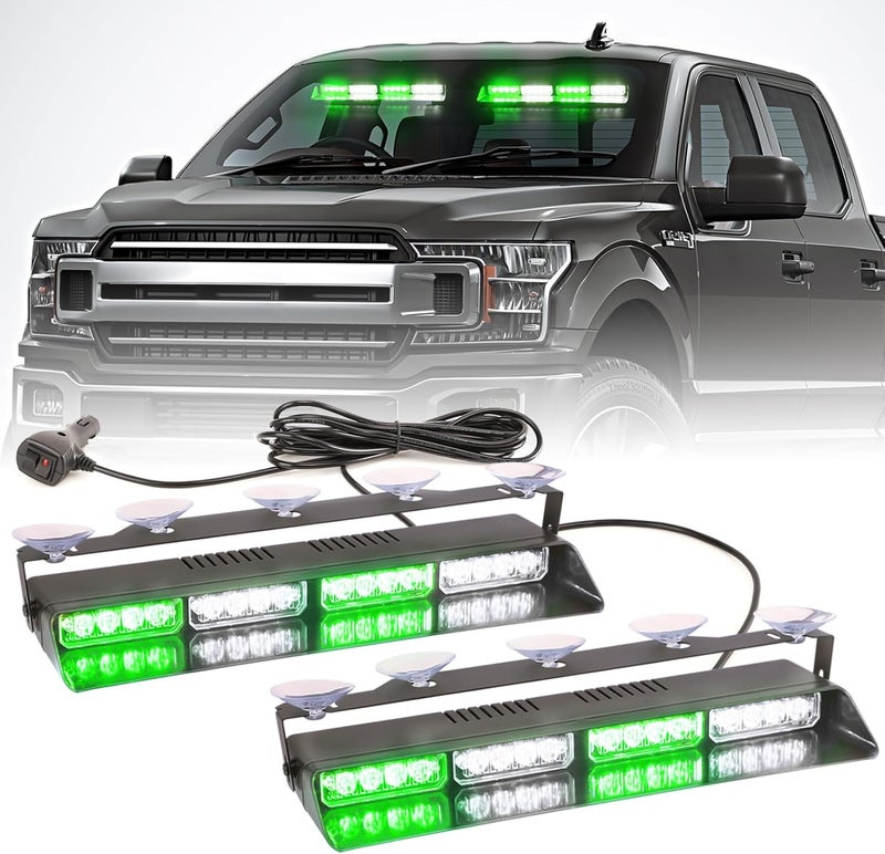 PKINGLAKE 2 in 1 LED Emergency Dash Strobe Light Bar Front/Rear Windshield Safety Flashing Warning Hazard Interior Lights for Police Firefighter Construction Vehicles Trucks (2x14 inch, White/Green) - Image 1