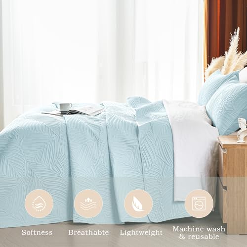 OARAGE King Quilt Bedding Set Lightweight Soft Aqua Blue Bedspread Coverlet with Leaf Pattern,Ultrasonic Microfiber Bed Cover Set for All Season 3 Pieces (1 Quilt, 2 Shams) - Image 3