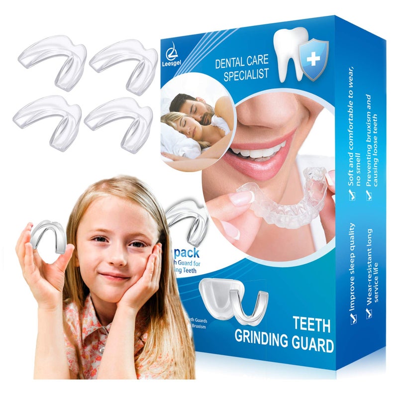 Leesgel 4 Pack Kids Mouth Guard for Grinding Teeth, Night Sleep Teeth Guards, Eliminates TMJ & Teeth Clenching, Stops Bruxism, Teeth Whitening Tray, Sport Athletic Mouth Guard (Kid Size only fit for Kids) - Image 1