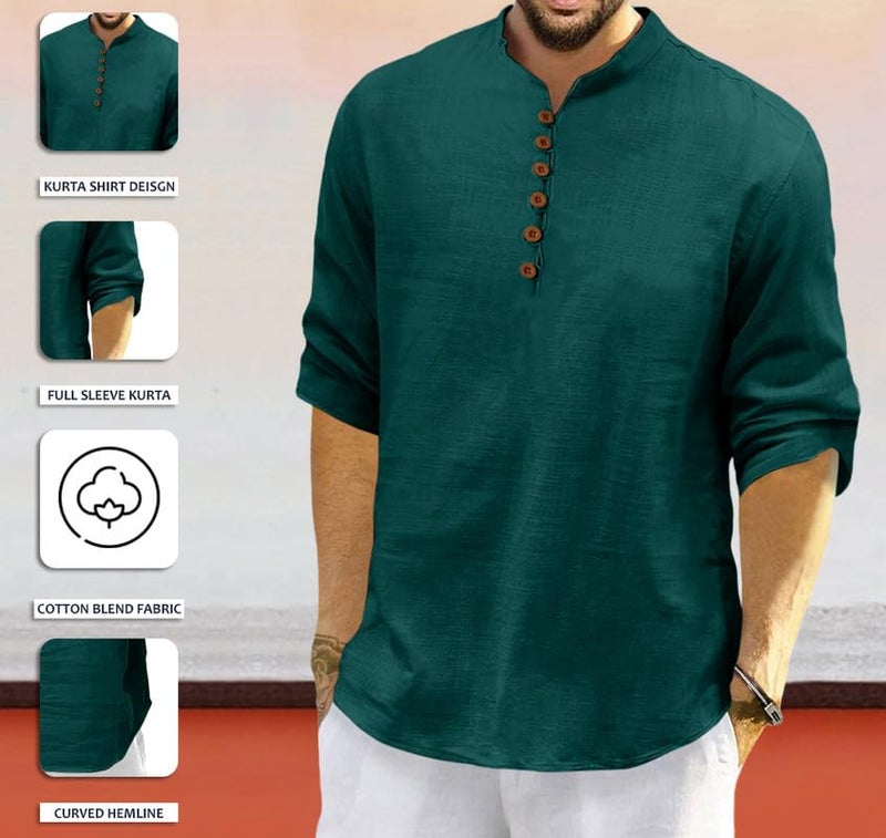 Macsivo Cotton Blend Solid Casual Short Kurta for Men Full Sleeve Mandarin Collar Stylish Shirt Kurta for Men Dark Green - Image 2