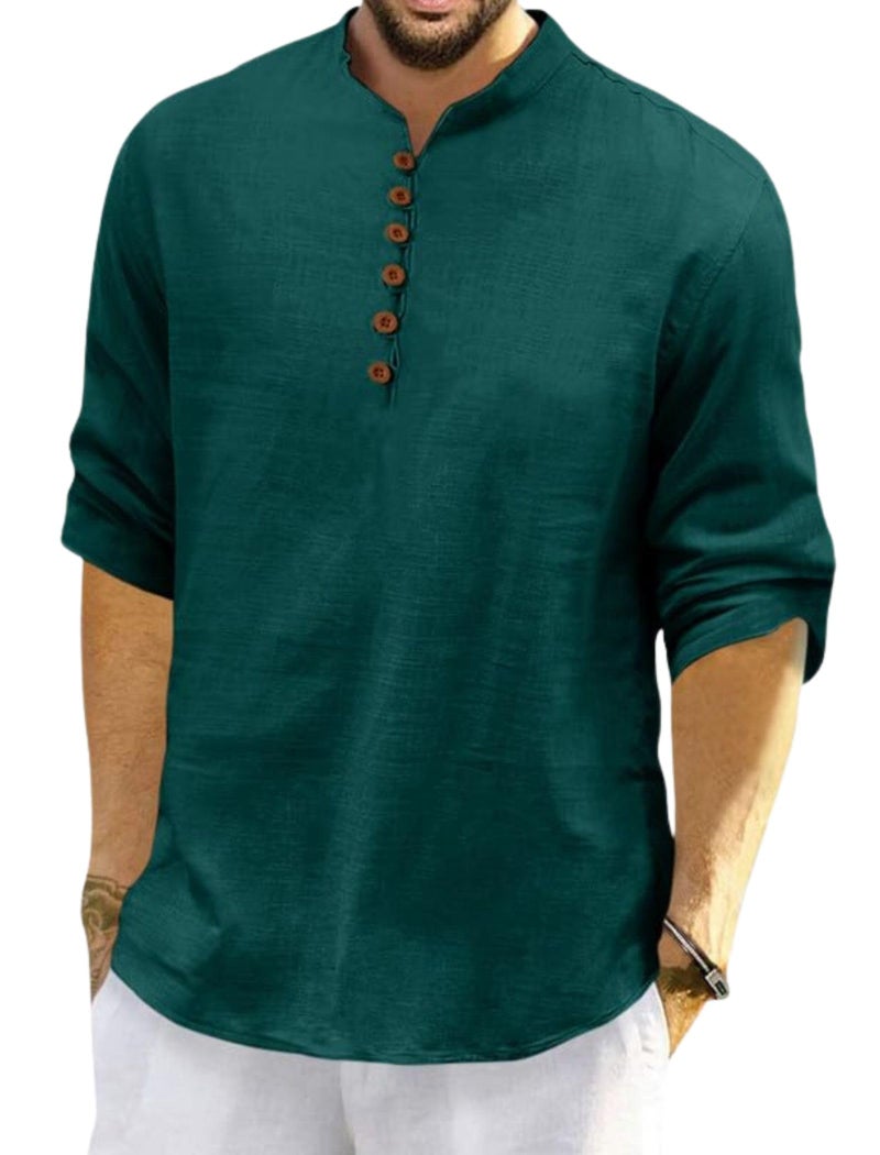 Macsivo Cotton Blend Solid Casual Short Kurta for Men Full Sleeve Mandarin Collar Stylish Shirt Kurta for Men Dark Green - Image 1