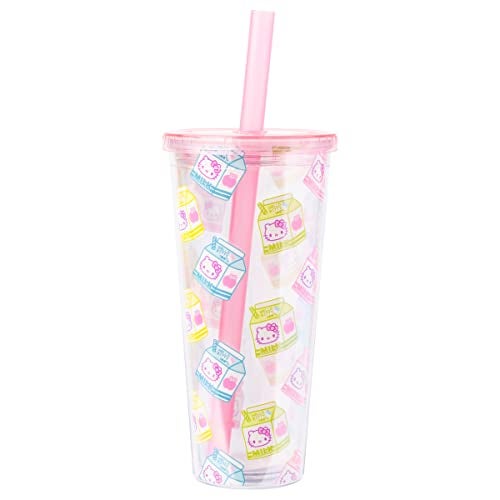 Silver Buffalo Silver Buffalo Sanrio Hello Kitty Milk Carton Pattern Plastic Boba Tumbler w Lid and Wide Straw 24 Ounces 