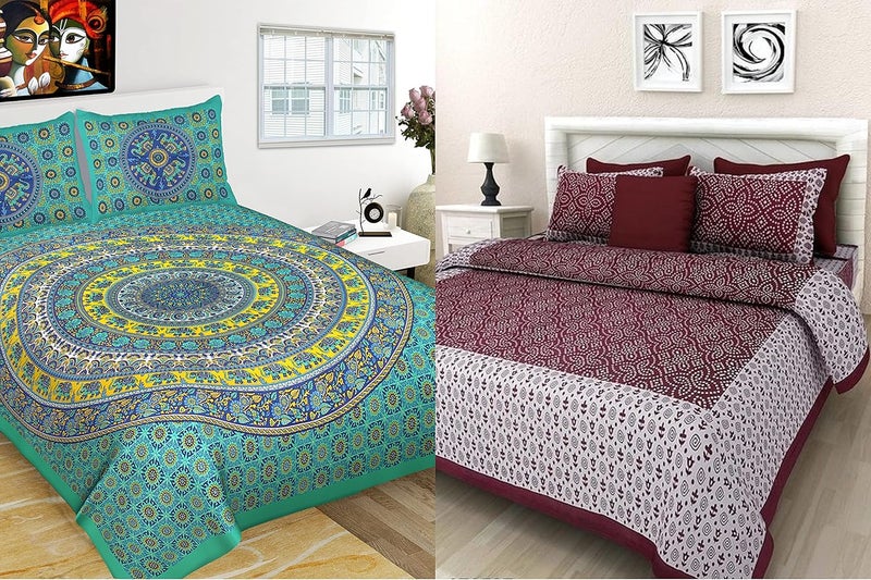 EarlyMart 100 Cotton Rajasthani Jaipuri King Size Combo Bedsheets Set of 2 Double Bedsheets with 4 Pillow Covers Multi_031