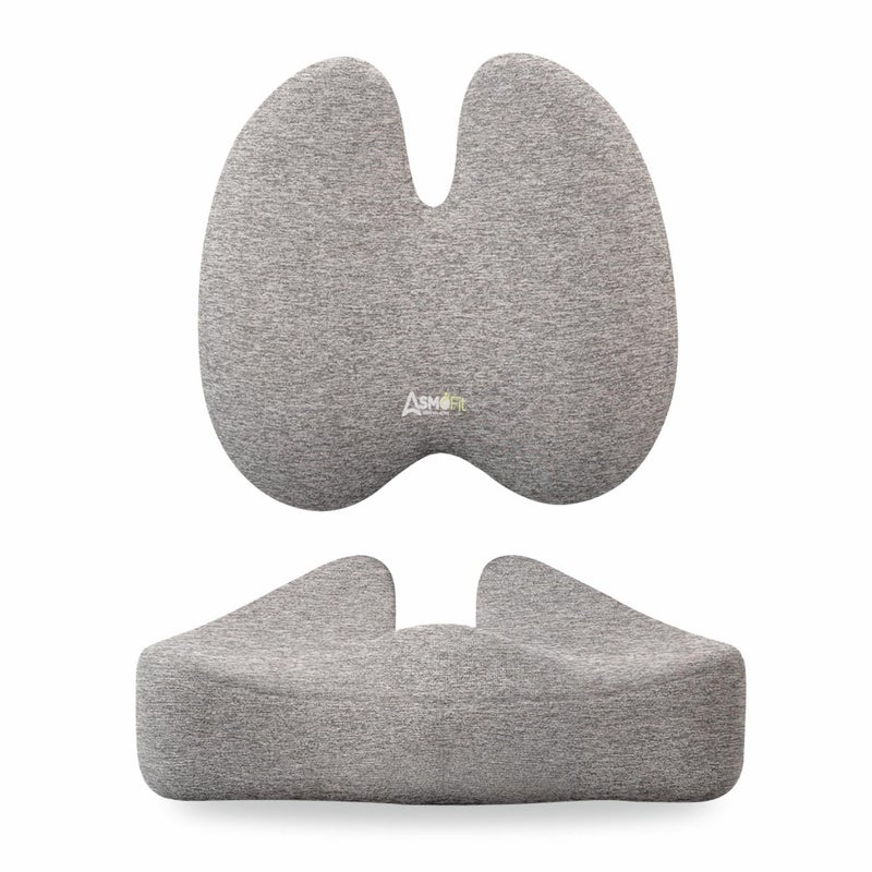 Asmofit Coccyx Orthopaedic Pro Seat Posture Corrector Cushion Combo Memory Foam Support Relieves Back Coccyx Pain Ideal for Long Hours on OfficeHome Chair Grey - Image 1