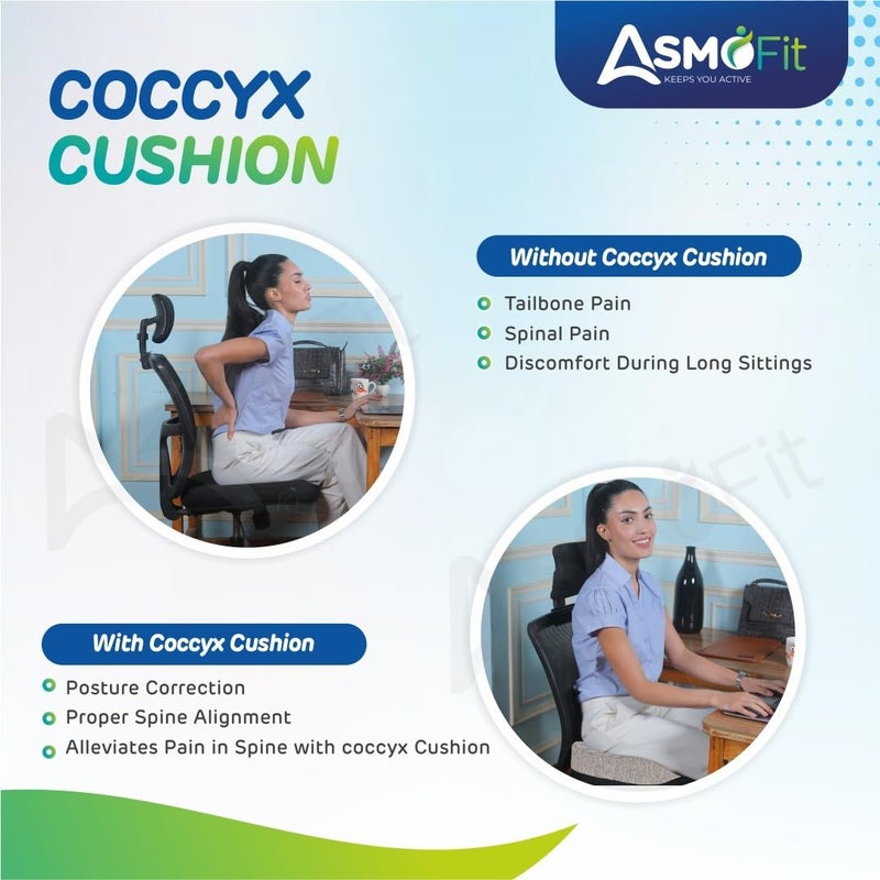 Asmofit Coccyx Orthopaedic Pro Seat Posture Corrector Cushion Combo Memory Foam Support Relieves Back Coccyx Pain Ideal for Long Hours on OfficeHome Chair Grey - Image 3