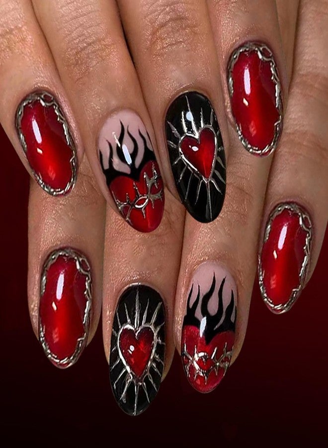 Valentines Press On Nails Oval Artificial Acrylic False Nails 3D Silver Red Star French Red Silver Lines Full Cover Nail Tips Short Artificial Fingernails Stick On Nail For Women Festival Manicure