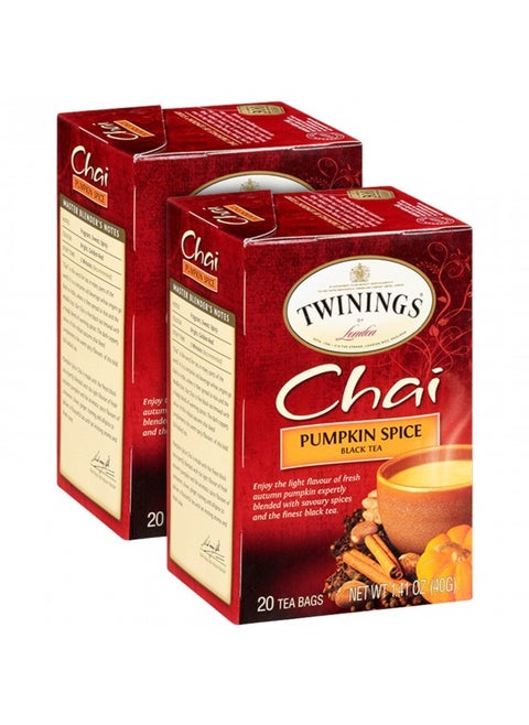 Pumpkin Spice Chai Tea, Caffeinated Black Tea Naturally Flavored With Aromatic Spices And Ginger, Tea Bags Individually Wrapped, 20 Count Ea (Pack Of 2)
