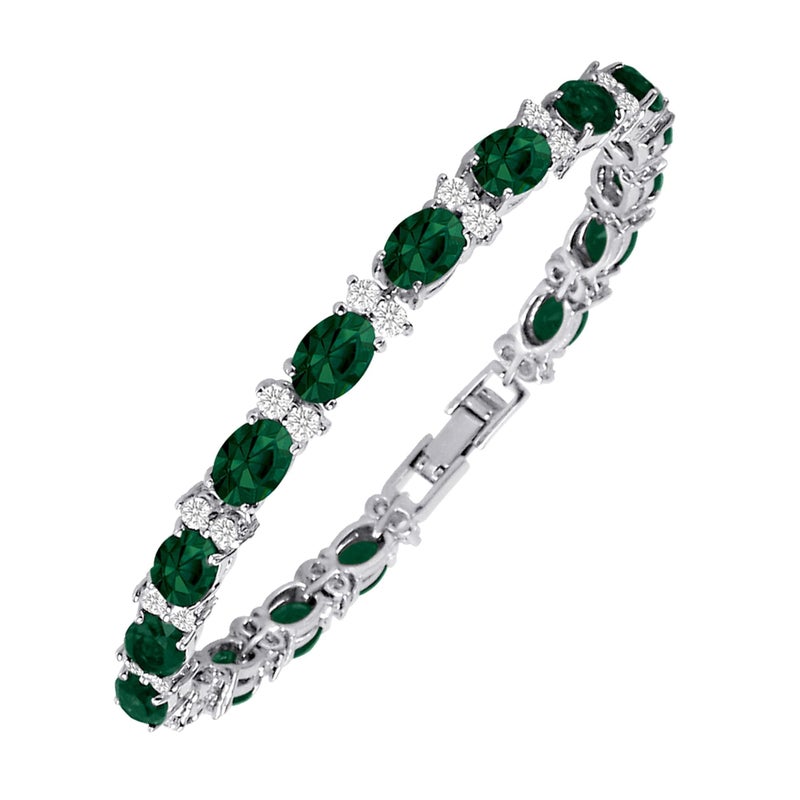 KEZEF Tennis Bracelets For Women - Cubic Zirconia - Oval 7x5mm Emerald Gemstones - Round 2.50mm White CZ - Silver Plated Brass - 7 Inch - Hypoallergenic Bracelets - Image 1