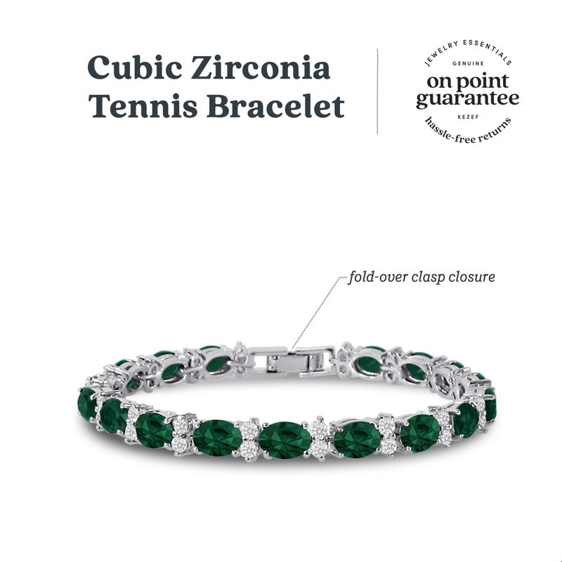 KEZEF Tennis Bracelets For Women - Cubic Zirconia - Oval 7x5mm Emerald Gemstones - Round 2.50mm White CZ - Silver Plated Brass - 7 Inch - Hypoallergenic Bracelets - Image 3