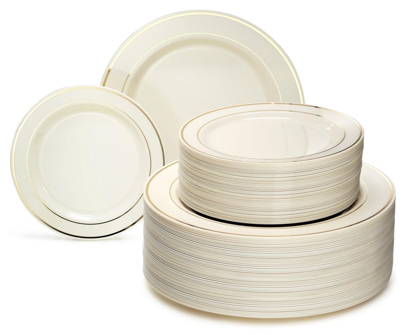 OCCASIONS FINEST PLASTIC TABLEWARE OCCASIONS 240 Plates Pack120 Guests Heavyweight Premium Wedding Party Disposable Plastic Plates Set 120 x 105 Dinner  120 x 75 SaladDessert Ivory  Gold Rim 
