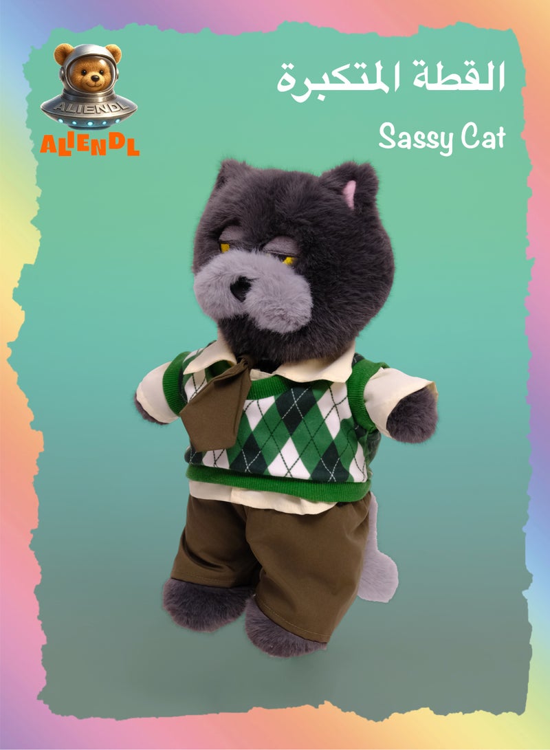 ALIENDL Sassy Cat – Plush Cat Stuffed Animal Toy for Baby Kids, Soft Cute Sassy Cat Plush Doll Gift Set with Removable Clothes & Pouch, Perfect Gift for Kids, Friends & Couples - Image 1