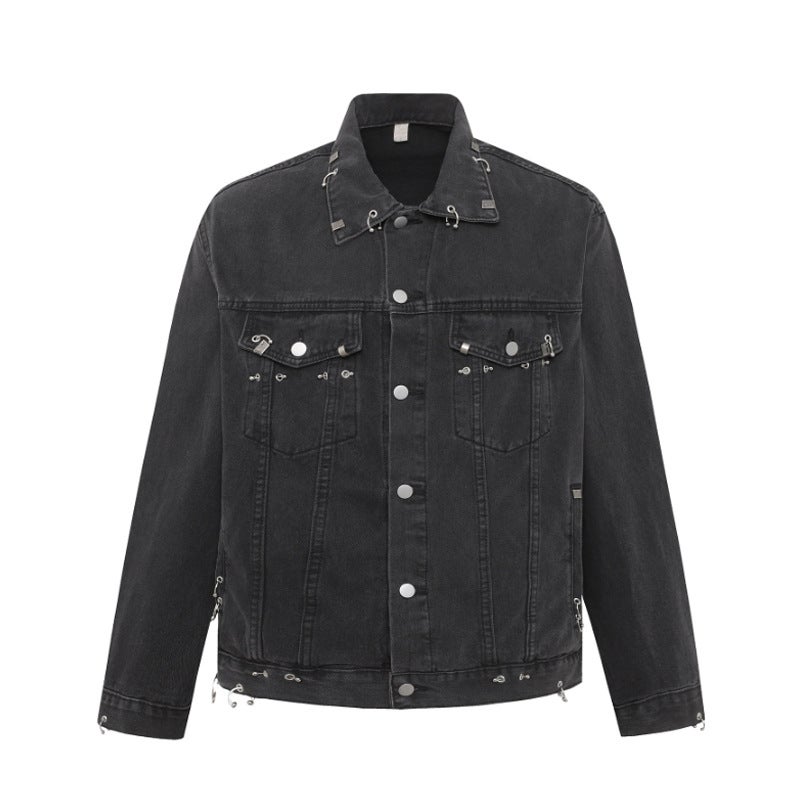 Show High-rise Piercing Stud Ring Buckle Jacket Washable Old Loose Mens and Womens Fashionable BF Denim Jacket Black