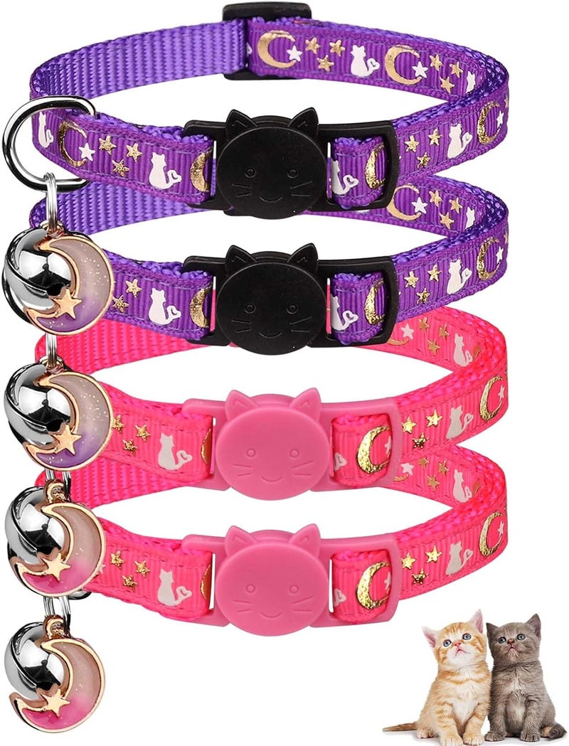 Baeuppit 4PCS Cat Collar with Bells,Breakaway Cat Collars,Moons Stars Cute Kitty Adjustable Safe Kitten Collars Pendant Glow in The Dark,Cat Collars for Girl Cats 8.0-13.0 Inch(2 Purple & 2 Pink) - Image 1