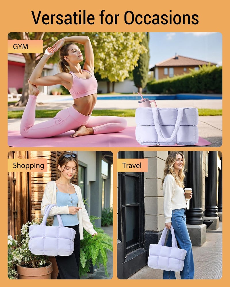 Herald Puffer Tote Bag for Women, Large Quilted Puffy Handbag Lightweight Satchel Purse with Cup Holder & Compartment (Purple) - Image 2