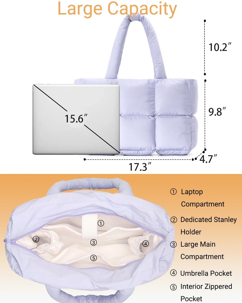 Herald Puffer Tote Bag for Women, Large Quilted Puffy Handbag Lightweight Satchel Purse with Cup Holder & Compartment (Purple) - Image 5